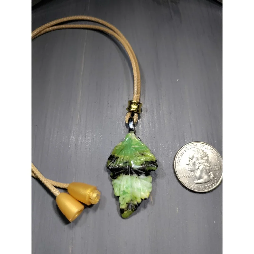 Chrysoprase Carved Leaf Pendant Necklace Waxed Cord 18in Break Away Closure